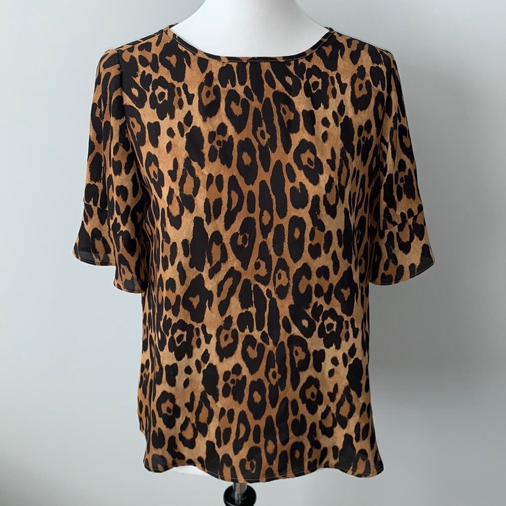 The Limited Leopard Animal Print Flounce Short Sleeve Blouse Sz M